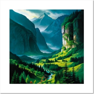 Misty Valley with Lush, Green Pine Forest Posters and Art